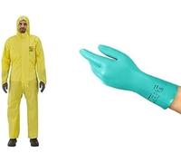 Ansell AlphaTec 2300 Model 132, Disposable Work Overall with Hood, Yellow, (1 piece) + AlphaTec 37-300 Multipurpose Nitrile Gloves, Chemical Protection and Food Safety,Green, Size XL (12 Pairs)