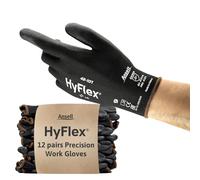 Ansell HyFlex 48-101 PPE Gloves, Lightweight PU Coated Protective Gloves, Durable Safety Gloves with Enhanced Tactility, Black Nylon Liner, Work Gloves Small for Precision Handling, 12 Pairs