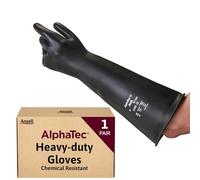 Ansell AlphaTec 87-104, Heavy Duty Chemical Resistant Rubber Gloves, 43cm Extra Long Cuff for Maximum Protection, Durable Black Latex Gloves for Industrial Use, Rubber Gloves Medium, 1 Pair