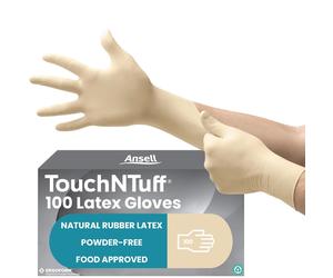Ansell TouchNTuff Disposable Latex Gloves with Textured Fingertips, Powder-Free