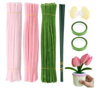 Anseom 300pcs Tulip Pipe Cleaner Set, 30cm Chenille Stems in 3 Colors, Flexible Tulip Bouquet Pipecleaners, Fuzzy Sticks Craft with 400 Flower Stems, 20 Green Florist Wire, 2 Florist Tape (Pink)