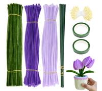 Anseom 300pcs Tulip Pipe Cleaner Set, 30cm Chenille Stems in 3 Colors, Flexible Tulip Bouquet Pipecleaners, Fuzzy Sticks Craft with 400 Flower Stems, 20 Green Florist Wire, 2 Florist Tape (Purple)