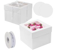 Anseom Cake Box Set 10x10x8 Inch, 2 Pcs Cake Boxes with cake Plates, White Bakery Boxes with 4m Ribbon, Sturdy cakes Containers with Transparent Window for Multi-Layer Cakes Dessert Pastry Pies Donuts
