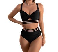 Anseom High Waisted Bikini Set, Women's Bikini Sets Adjustable Crisscross Straps Mesh Swimming Costume Swimwear V-Neck Cross Bikini Top (UK, Alpha, S, Regular, Regular, Black)