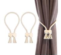 Anseom Magnetic Curtain Tie Backs, 4Pcs Cotton Curtain Tiebacks with Strong Magnet Wooden Ball, Boho Curtain Holdbacks Handmade Curtain Rope Tie Backs for Home Office (Beige)