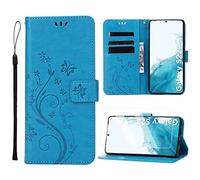 ANSHOW for Samsung Galaxy S22 5G Wallet Case with Wrist Strap, with Screen Protector, Flip Leather Case with Cards Holder Phone Case with Kickstand Cover for Samsung S22 5G, Blue