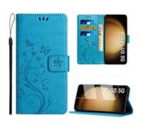 Anshow for Samsung Galaxy S23 Plus 5G Wallet Case with Wrist Strap, with Screen Protector, Flip Leather Case with Cards Holder Phone Case with Kickstand Cover for Samsung S23+ 5G, Blue