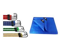 ANSIO Bungee Cords with Hooks Assorted Pack of 12 Elastic Bungee Straps + Bundle of ANSIO Tarpaulin 3m x 4m / 10ft x 13ft Tarpaulin Sheet 70 GSM - Blue
