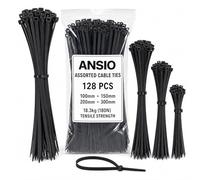 ANSIO Cable Ties Assorted Pack 128 Pieces - 4 Sizes (100mm, 150mm, 200mm & 300mm) Black Nylon 66 Zip Ties, 18.3kg Tensile Strength, Self-Locking Wire Ties for Cable Management, Garden, DIY & Christmas
