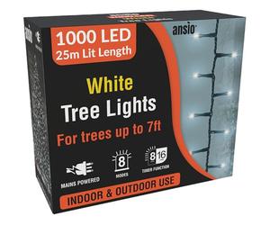 ANSIO® Christmas Tree Lights 1000 LED 25m/82ft - Cool White Cluster Compact Lights for Indoor & Outdoor Decorations Fairy Lights with Timer for Xmas Garden & Party | Mains Powered Green Cable