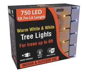 ANSIO® Christmas Tree Lights 750 LED 18.7m/61ft - Warm & Cool White Cluster Compact Lights for Indoor & Outdoor Decorations Fairy Lights with Timer for Xmas Garden & Party | Mains Powered Green Cable