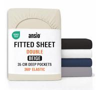 ANSIO® Double Fitted Sheet Soft Brushed Microfibre Fabric - Extra Deep Pocket 35cm - All-Around Elastic - OEKO-TEX Certified - Easy Care & Naturally Smooth After Wash - Beige