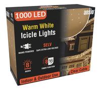 ANSIO® Outdoor Christmas Lights 1000 LED 35m/112ft Icicle Lights Outdoor & Indoor Warm White Decorations String Fairy Outside Lights with Timer for Xmas Garden & Party | Mains Powered Clear Cable