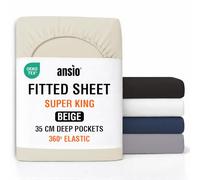 ANSIO® Super King Fitted Sheet Soft Brushed Microfibre Fabric - Deep Pocket 35cm - All-Around Elastic - OEKO-TEX Certified - Easy Care & Naturally Smooth After Wash - Beige