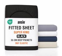 ANSIO® Super King Fitted Sheet Soft Brushed Microfibre Fabric - Extra Deep Pocket 35cm - All-Around Elastic - OEKO-TEX Certified - Easy Care & Naturally Smooth After Wash - Black