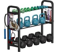Ansionsol 3-Tier Adjustable Dumbbell Rack, Weight Storage Stand Holder for Dumbbells & Kettlebells, Heavy-Duty Home Gym Organizer with 6 Hook for Home Gym Equipment Accessories, Black(Rack Only)