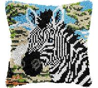 ANSIWEIGO African Jungle DIY Latch Hook Pillow Kit,Animal Zebra,Stamped Pillow Latch Hook for Beginner Gifts for Family Friends Needlework Crafts Latch Hook Kit,17x17 inches