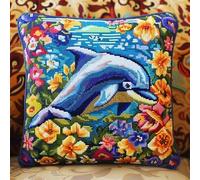 ANSIWEIGO Animal Cross Stitch Latch Hook Sofa Cushion Cover,Dolphin Jumping Out of The Sea,3D Pillow Latch Hook Embroidery Kits with Latch Hook Tool for Kids and Adults,43x43 cm