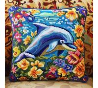 ANSIWEIGO Animal Cross Stitch Latch Hook Sofa Cushion Cover,Dolphin Jumping Out of The Sea,3D Pillow Latch Hook Embroidery Kits with Latch Hook Tool for Kids and Adults,43x43 cm