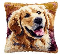ANSIWEIGO DIY Dog Cushion Carpet Latch Hook Rug Kits,Golden Retriever,Hand Craft Embroidery Pillowcase Crocheting Handmade Needlepoint for Kids Adults 43x43 cm