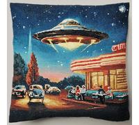 ANSIWEIGO DIY Latch Hook Cushion Kit,43x43cm Handmade Crochet Yarn Pillow Craft with Printed Canvas,Tools & Christmas Designs for UK Home Decor,Retro UFO Diner Scene