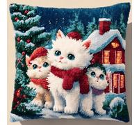 ANSIWEIGO DIY Latch Hook Cushion Kit,All-Inclusive Craft Set with Colour Printed Design & Yarn,Christmas Cat,Create a 43x43cm Sofa Pillow or Festive Home Decor,Beginner Needlework Project