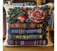 ANSIWEIGO DIY Latch Hook Kits for Adults Beginners,Flowers on Books,Latch Hook Pillow Case Kits DIY Pillow Cover Making Craft Printed Canvas for Beginners,17x17 inches