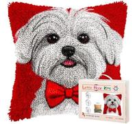 ANSIWEIGO DIY Latch Hook Pillow Kits for Adults Cute Maltese Dog Wear Bow Tie Printed Pillowcase Crochet Yarn Kits Needlework Crafts Handmade Pillow Cover Cushion for Home Sofa Decor,43x43cm