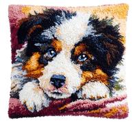 ANSIWEIGO Dog Latch Hook Kit for Kids & Adults - Australian Shepherd - DIY Cushion Cover Set (43x43 cm) - Creative Craft Project for Family Fun - Cute Dog Theme Craft Pillow