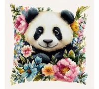 ANSIWEIGO Embroidery Kit Pillowcase for Beginners,Cross Stitch Kits for Adults,DIY Pillow Cover Kit with Floral Panda,for Living Room Art Decoration,45x45 cm