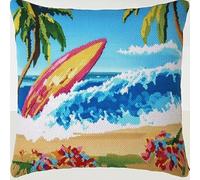 ANSIWEIGO Embroidery Latch Hook Cushion Cover Kit,Beach Surfboard,Cross Stitch Pillow Covers Kits DIY Craft Needlework Latch Hook Kits for Kids Adults,17x17 in