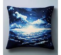 ANSIWEIGO Landscape Cross Stitch Cushion Kit,The Sea Under The Stars,Embroidery Needlework Sets Cushion Back Included, Pre Printed Canvas,Yarn and Needle,18x18 inches