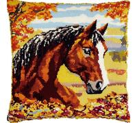 ANSIWEIGO Latch Hook Cushion Cover Kit 17x17 Inch - DIY Throw Pillow Cover Craft Kit with Printed Canvas for Adults & Beginners,Horse in Autumn