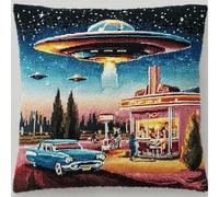 ANSIWEIGO Latch Hook Cushion Kit for Adults & Beginners,DIY Pillow Cover Making Kit with Pre-Printed Canvas,Yarn & Crochet Hook,17x17in Embroidery Craft for Home Decor & Gifts,Retro UFO Diner Scene