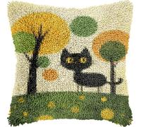 ANSIWEIGO Latch Hook Cushion Kit for Adults Cute Black Cat On Grass DIY Pillow Cover Printed Canvas Crochet Yarn Needle Craft Easy Handmade Cushion for Home Sofa Decoration 17x17 in -4