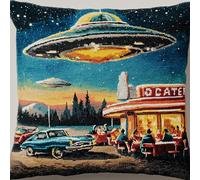 ANSIWEIGO Latch Hook Cushion Kit with Printed Canvas,DIY Embroidery Pillow Making Set with Pre-Cut Yarn,Hook Tool & Pillowcase for Adults & Kids,43x43cm Christmas Decoration,Retro UFO Diner Scene