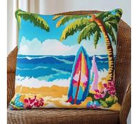 ANSIWEIGO Latch Hook Embroidery Cushion Kits Beach Surfboard Latch Hook Kit Hanging Pillow Cover Sofa Cushion Beginners DIY Crochet Yarn Kits Craft Home Decoration 17x17 in