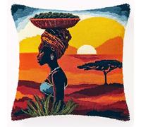 ANSIWEIGO Latch Hook Kit for Adults,DIY Cushion Cover Making Set 17x17 Inch,African Sunset Women,Handmade Crochet Pillow Cover Kit for Sofa,Home Decor & Crafts