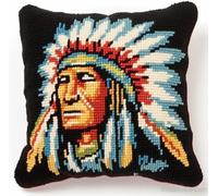 ANSIWEIGO Latch Hook Kits Pillow Cover American Native Indian Chief Man Printed Canvas Cushion Crochet Yarn Needlework DIY Hook Latch Kit Embroidery Pillowcase Rug Home Decoration,17x17 in/43x43 cm