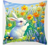 ANSIWEIGO Make Your Own Cushion,Latch Hook Kit with Printed Canvas & Pre-Cut Yarn,Flower Field Rabbit,Easy DIY Craft for Beginners,Gift for Children,Teenagers & Adults,Seasonal Home Décor,43x43 cm