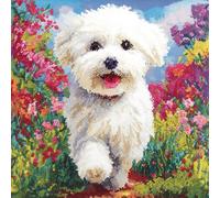 ANSIWEIGO Mindful Crafting Latch Hook Cushion Kit,43x43cm DIY Pillow Cover,Relaxing Yarn Project for Adults,Stress Relief Needlework Set,Bichon Dog in The Garden