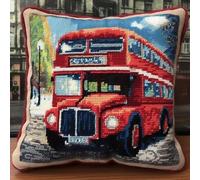 ANSIWEIGO Red Bus Car Latch Hook Kits Cushion Pillow Cover Set Latch Hook Kits Throw Pillowcase Craft Crochet Needlework Printed Pattern Canvas Cushion Cover Hand Craft 17x17 inch