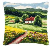 ANSIWEIGO Relaxing DIY Latch HookCushion Kit,Family Craft Activity Craft Project for Stress Relief,Fun DIY Pillow Making to Enjoy Together,17x17 in,Summer Countryside