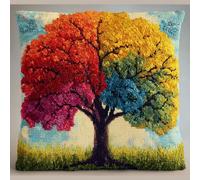ANSIWEIGO Relaxing Latch Hook Cushion Kit,Colorful Tree of Life,DIY Textile Craft with Soft Wool Yarn,Ergonomic Hook & Pre-Printed Canvas,43x43cm,Stress Relief & Mindfulness Hobby