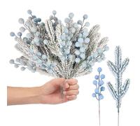 ANSLEY SHOP 24PCS Christmas Berries Red Stems Evergreen Pine Needles Branches Fake Berry Frosted Pine Picks Greenery Stems for Crafts Wreaths Holiday Decor (Light Blue)