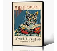 Anslipswar Cat and Book Poster, Wake Up and Read Inspiring Wall Art Canvas, Retro 1960 National Library Week Wall Art, Reading Art for Book Lover, Classic Gallery Wall Decor 40x60cm Unframed