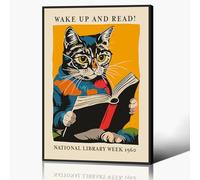 Anslipswar Cat and Book Poster, Wake Up and Read Inspiring Wall Art Canvas, Retro 1960 National Library Week Wall Art, Reading Art for Book Lover, Classic Gallery Wall Decor 30x40cm Unframed