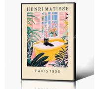 Anslipswar Henri Matisse Canvas Wall Art, Funny Black Cat Bathroom Poster, Cute Cat In Bathtub Print, Pink Green Dopamine Bathroom Wall Decor, Tropical Botanical Floral Picture 30x40cm Unframed