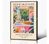 Anslipswar Henri Matisse Canvas Wall Art, Tiger In Bathtub Funny Bathroom Poster, Cute Tiger Animal Print, Pink Green Dopamine Beachy Wall Decor, Tropical Botanical Floral Picture 60x90cm Unframed