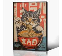 Anslipswar Japanese Cat Canvas Wall Art, Quirky Black Cat Eating Ramen Poster, Retro Funny Animal Food Art Print, Unique Kitchen Dining Room Wall Decor, Noodle Lover Gift 60x90cm Framed